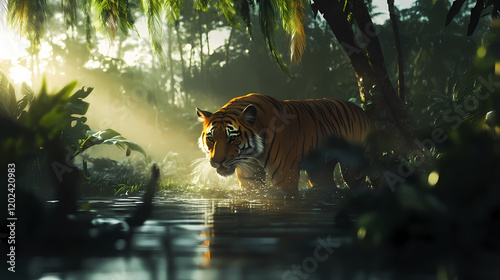 Tiger encounter in tropical jungle wildlife photography lush environment close-up view captivating nature experience. Exotic Wildlife Encounter. Illustration