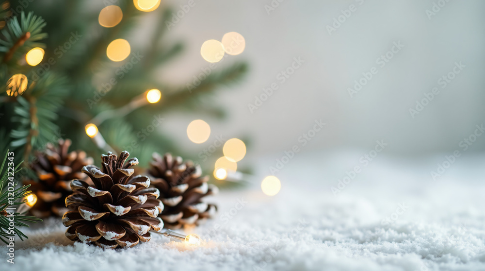 Obraz premium A Blurred Background of Christmas Tree Lights and Pine Cones on the Side With Space for Text on a Light Background