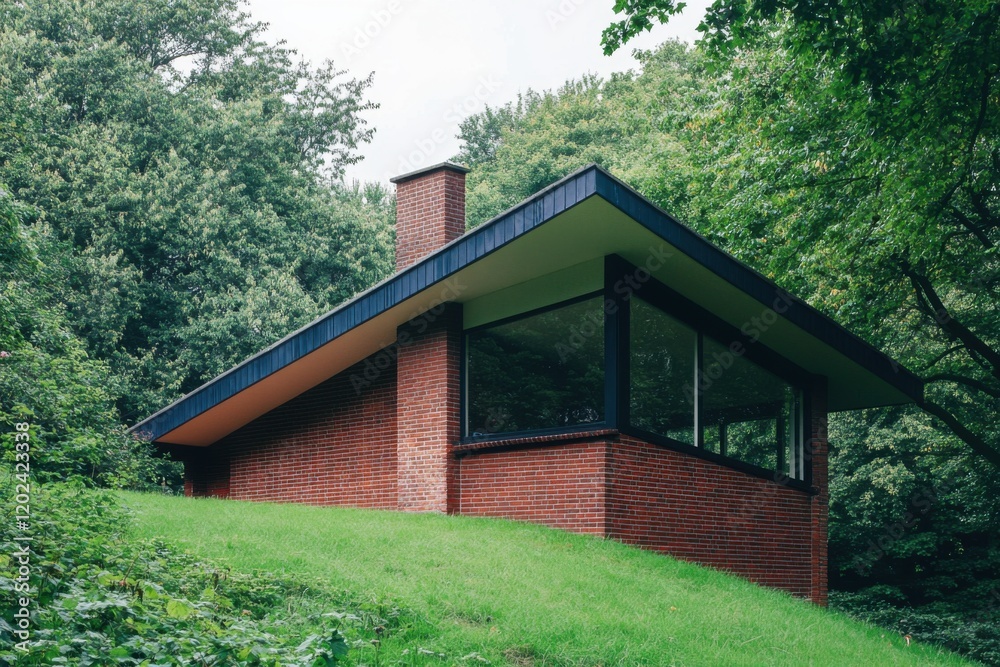 Modern house designed with large windows and brick exterior sits on a grassy hill surrounded by lush green trees in a tranquil forested area Modern house designed with large windows and brick exterior sits on a grassy hill surrounded by lush green trees in a tranquil forested area