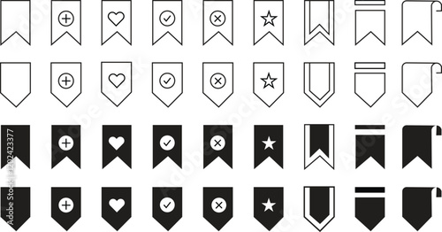 Favourite and Bookmark line and flat icon set. Save icon, bookmark icon with label ribbon symbol. add to favorites icon button. Bookmark icon illustration isolated on white background.