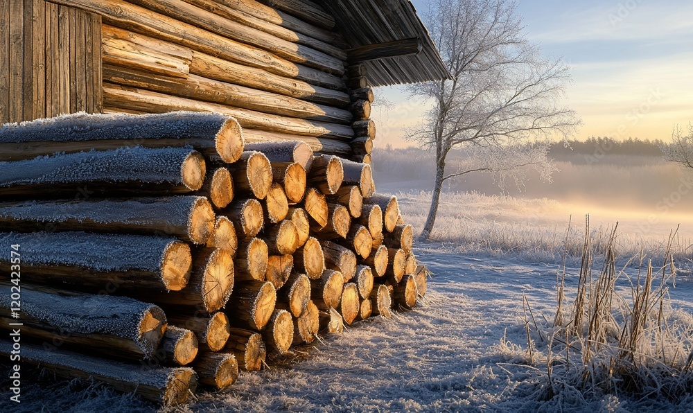 Frosty sunrise, log cabin, firewood stack, winter field