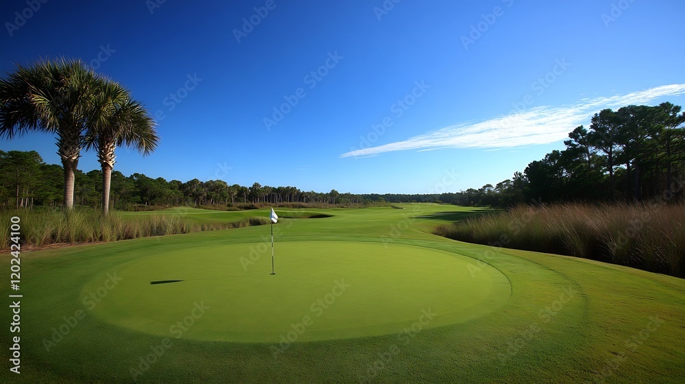 Obraz premium A serene view of a golf course green under a clear blue sky on a sunny day