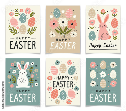 Happy Easter Greeting Cards With Eggs And Flowers.