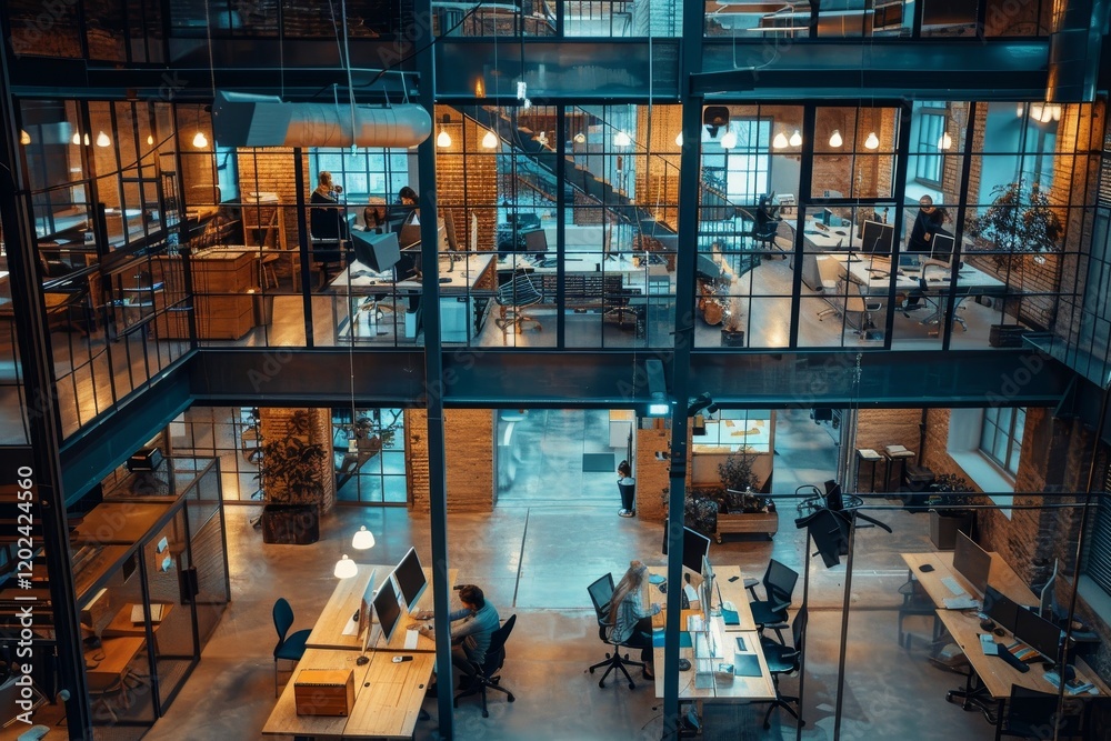 A view of a modern office interior with glass walls and an open floor plan, A representation of a hybrid work environment that promotes creativity and innovation A view of a modern office interior with glass walls and an open floor plan, A representation of a hybrid work environment that promotes creativity and innovation