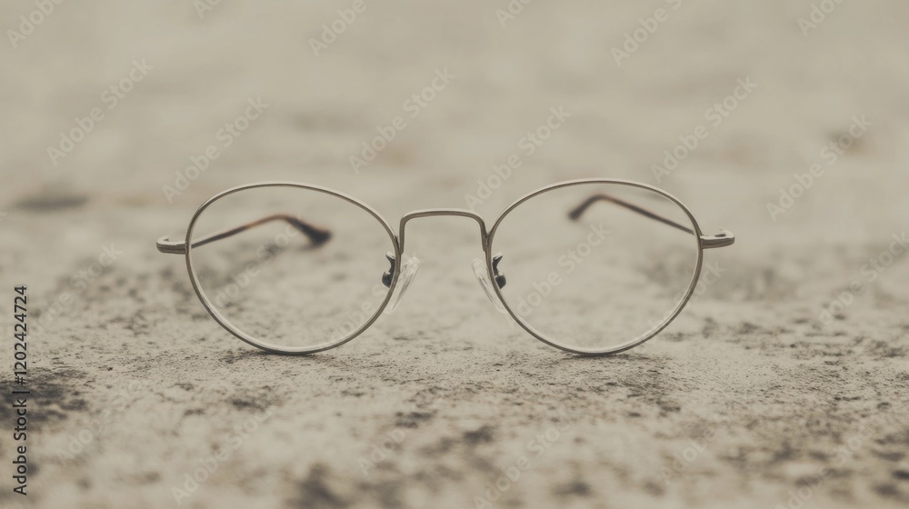 Round eyeglasses lie on a sandy surface. Round eyeglasses lie on a sandy surface.