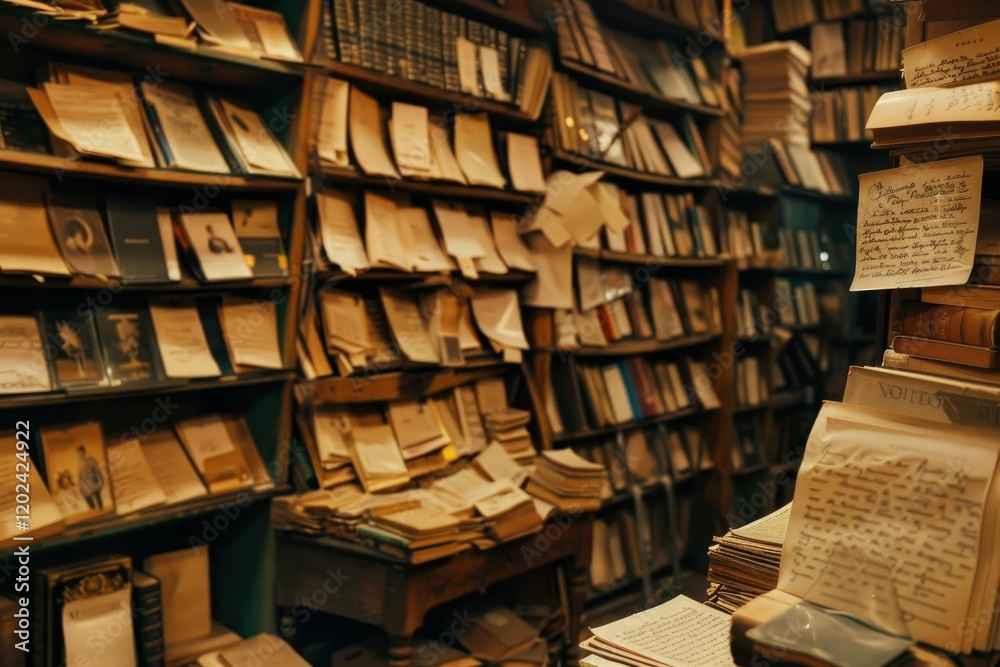 Fototapeta premium Overflowing bookshelves in a vintage bookstore, with stacks of books and sunlight streaming, A vintage bookstore with shelves overflowing with love letters and poetry books