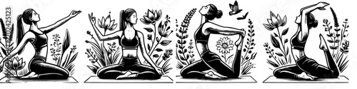 Four vector images of a woman doing yoga with plants surrounding her