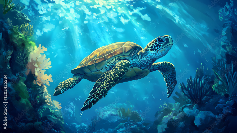Fototapeta premium Curious green turtle swimming in vibrant blue waters captivating underwater encounter. Exotic Wildlife Encounter. Illustration
