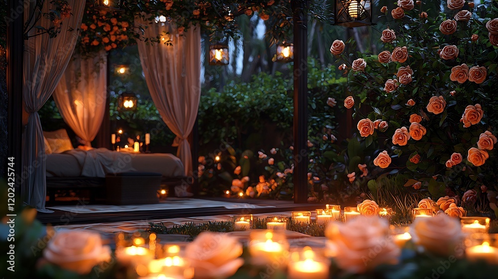 Romantic outdoor dinner setup under a gazebo with roses and candles Romantic outdoor dinner setup under a gazebo with roses and candles