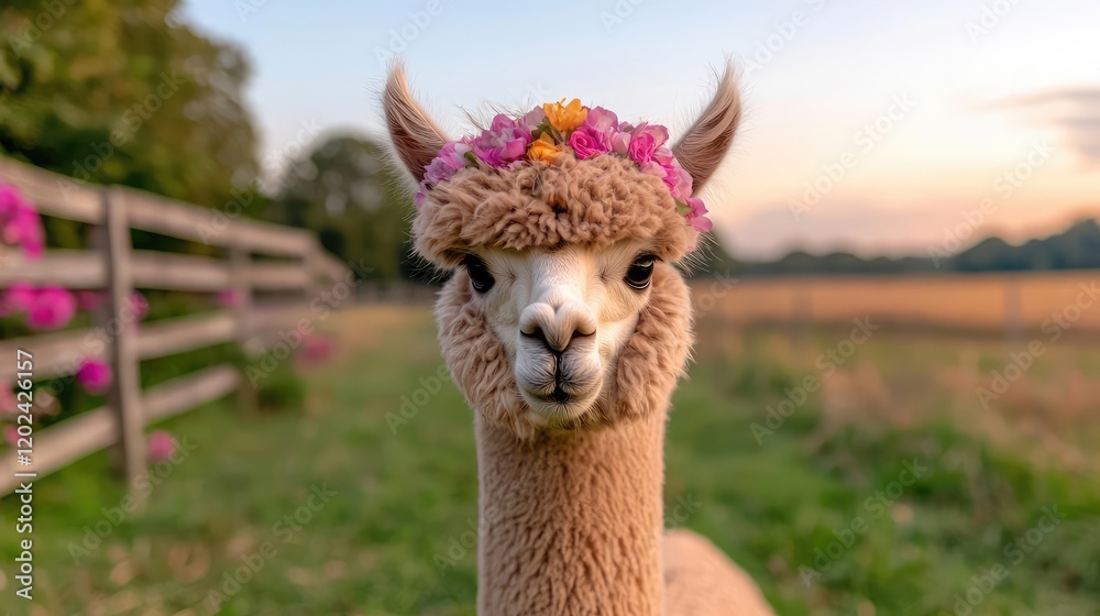 Fototapeta premium Alpaca wearing flower crown, sunset farm scene