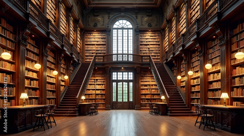 Fototapeta premium Elegant Library with Tall Bookshelves and Warm Lighting