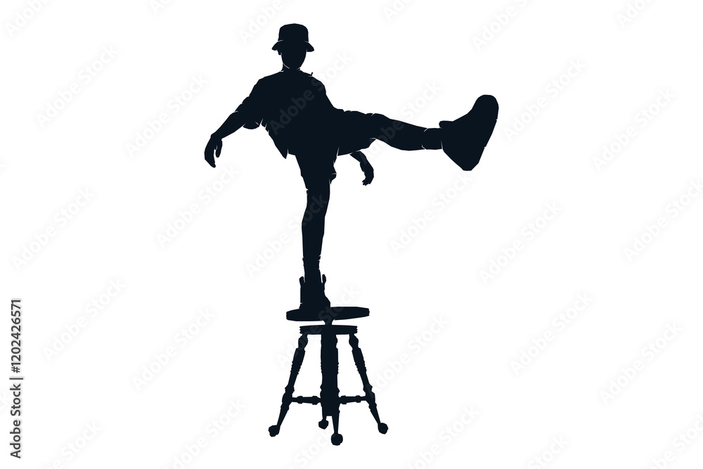 Fototapeta premium Man standing on one leg on stool chair, silhouette vector illustration