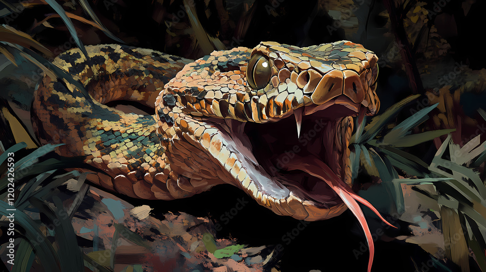 Obraz premium Gaboon viper encounter gabon wildlife forest habitat close-up view exposed fangs and cryptic colors. Exotic Wildlife Encounter. Illustration