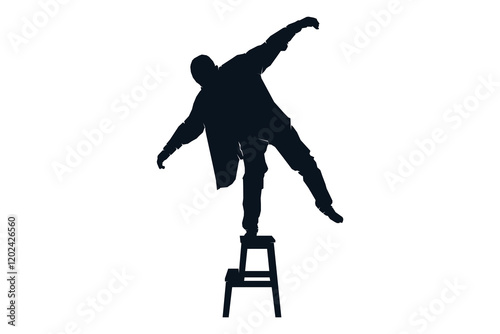 Man standing on one leg on stool chair, silhouette vector illustration