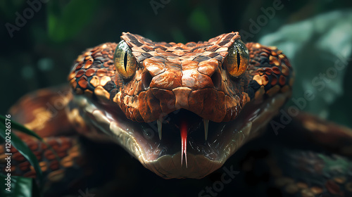 Gaboon viper encounter gabon wildlife forest habitat close-up view exposed fangs and cryptic colors. Exotic Wildlife Encounter. Illustration