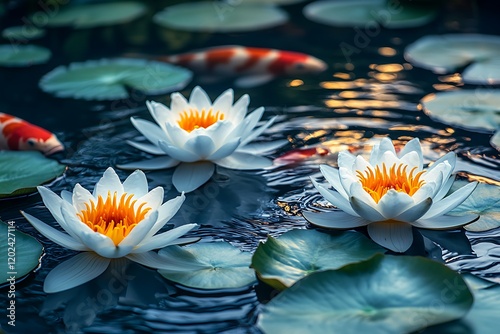 White Water Lilies Bloom Serenely Amongst Koi Fish In A Pond photo