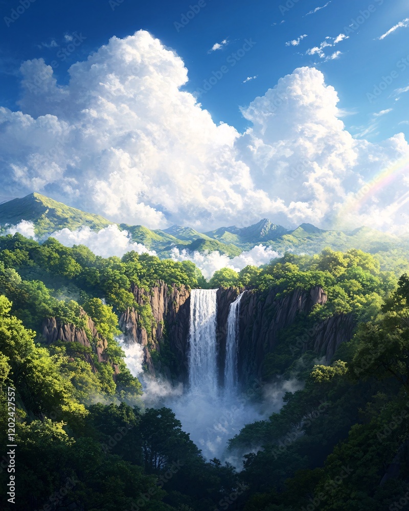 Fototapeta premium Majestic Waterfall in Lush Green Landscape