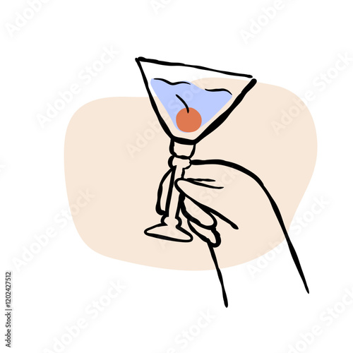 Hand holding party drink icon isolated. Cocktail glass raised. Hand drawn doodle outline vector