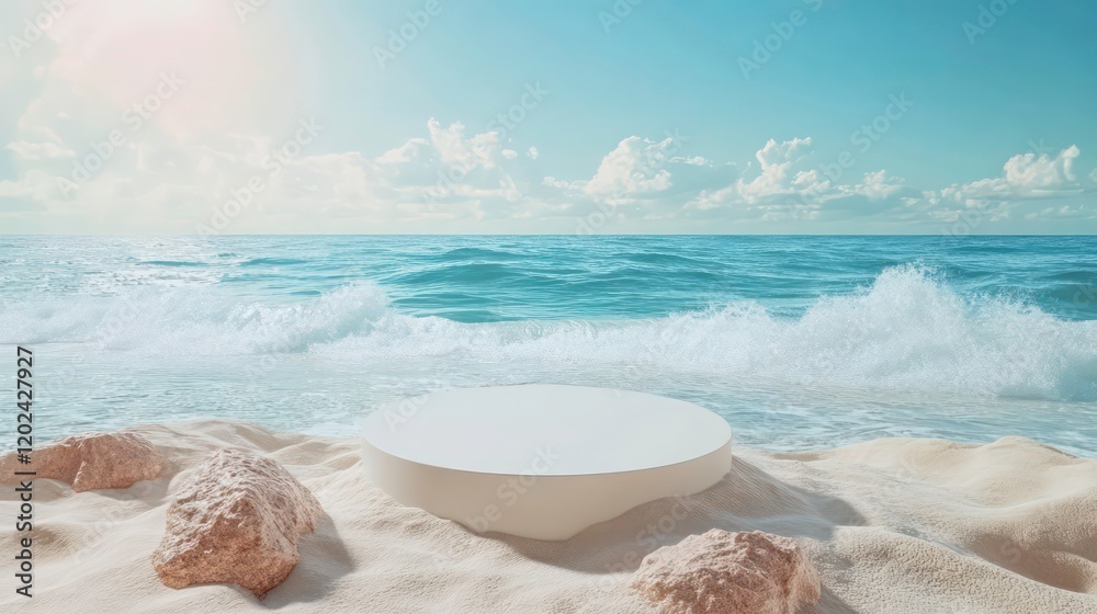 Beach podium summer background sand product 3D sea display platform. Beach podium summer banner stand scene sale sky holiday vacation stage water island sun travel pedestal promotion presentation ad. Beach podium summer background sand product 3D sea display platform. Beach podium summer banner stand scene sale sky holiday vacation stage water island sun travel pedestal promotion presentation ad.