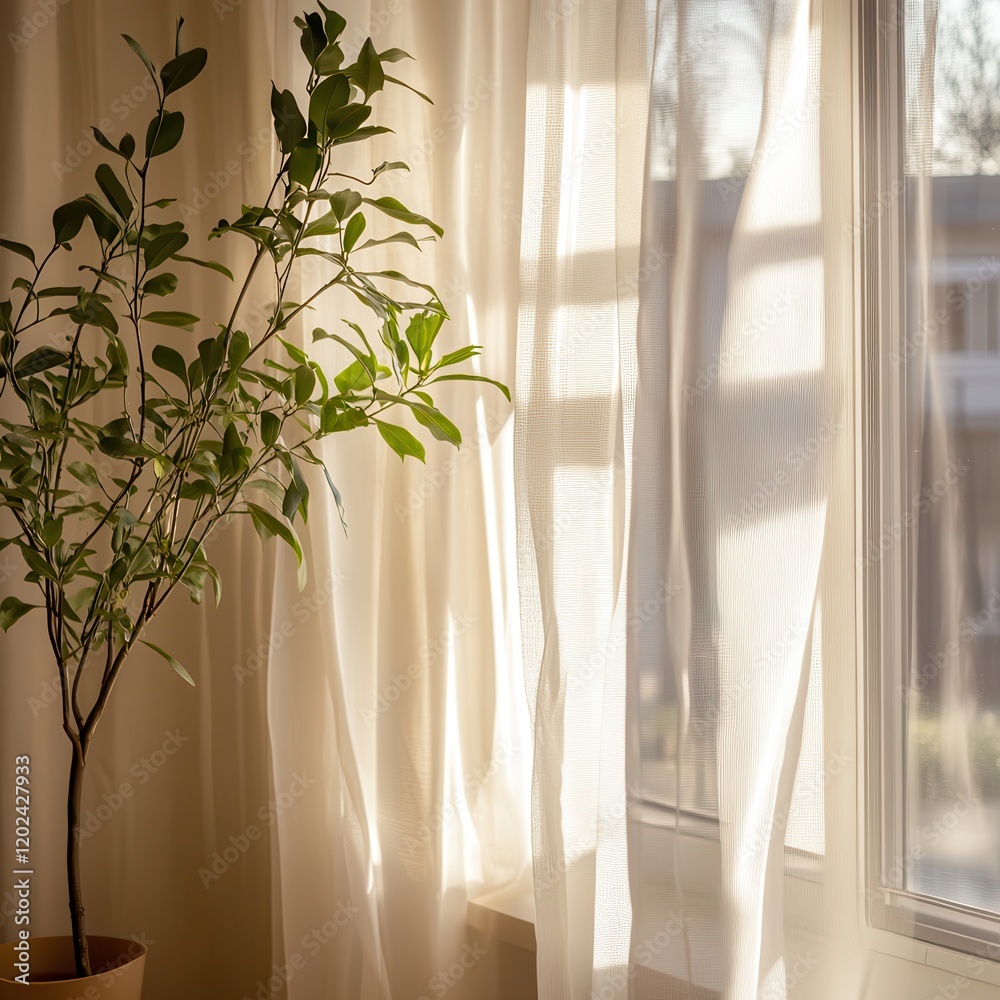 White sheer curtains in front of the window, window with a white frame, light beige walls White sheer curtains in front of the window, window with a white frame, light beige walls