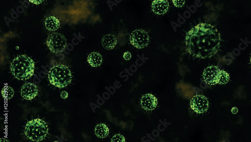 Abstract of many viruses in the background. Bacteria moving in space. Virus cells under a microscope. Pathogens. Outbreak of bacteria and viruses, pathogens. Pandemic idea. Vector