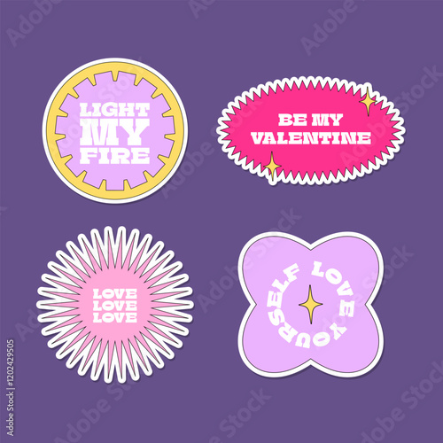Cute funny Valentine's Day illustrations bundle. Minimalistic vector sticker pack. Colourful retro shapes with phrases. Stars, flowers, hearts. Editable badge clipart design