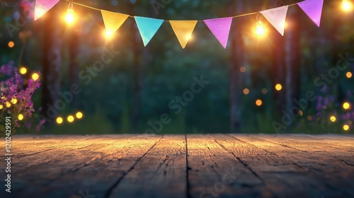 Festive outdoor party setup at night.  Wooden table, fairy lights, bunting, forest background.  Perfect for event promotion