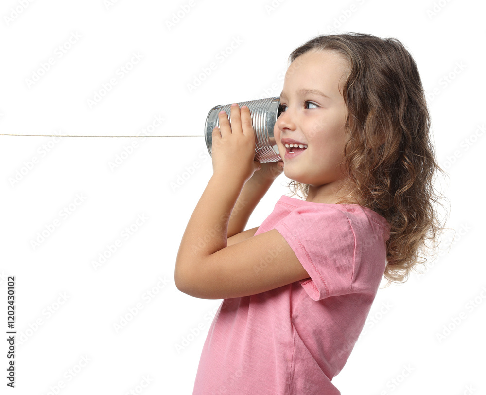 Girl using tin can telephone on white background Girl using tin can telephone on white background