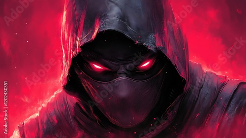 A hooded figure with glowing red eyes in fiery red background