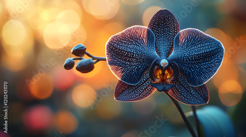 A macro shot of a rare black orchid with intricate veining on its petals, with soft, ambient light highlighting its beauty, during a quiet evening
