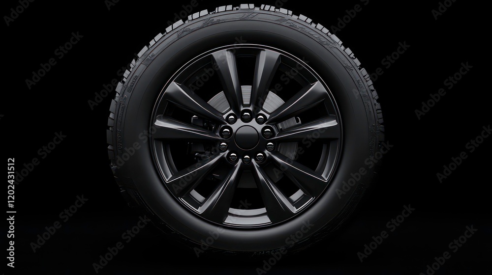 Black car wheel rim and tire showing tread pattern on dark background Black car wheel rim and tire showing tread pattern on dark background