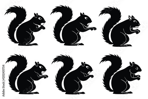 squirrel of angry stylized vector set, black silhouette, white background.