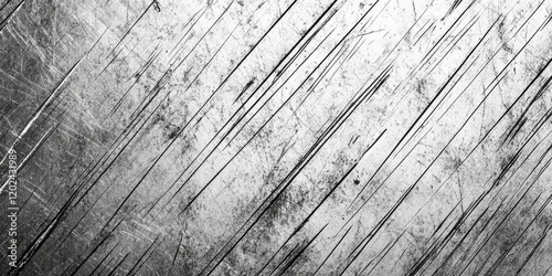 Scratched silver metallic surface with diagonal patterns and distressed texture for industrial or abstract backgrounds photo