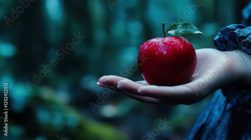 Enchanting forest scene with red apple from grimms fairy tales photo