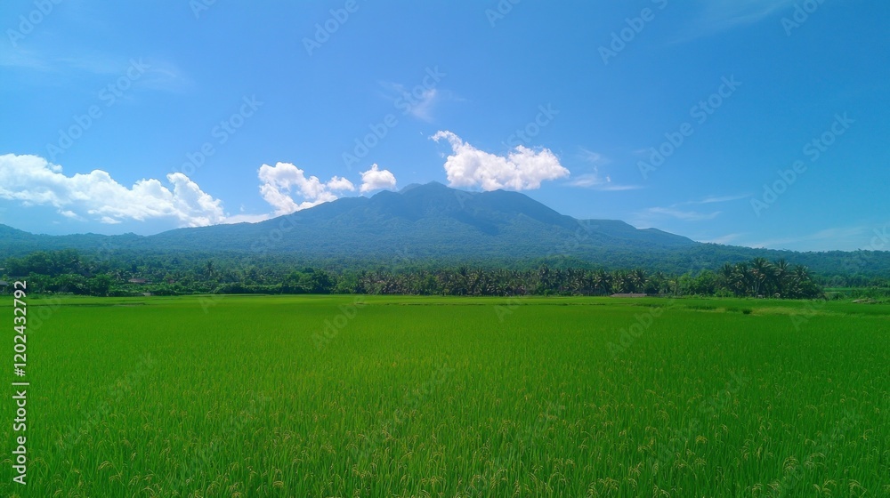 Fototapeta premium Lush green rice paddy field under a vibrant blue sky with a majestic mountain in the background.