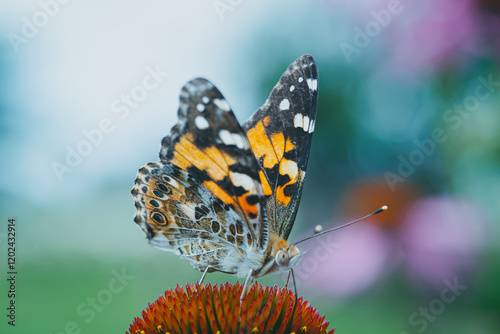 painted lady butterfly looking for honey in purple coneflowers in a flower garden photo