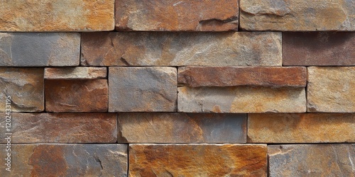 Rustic brown and grey stone brick wall with a weathered surface and natural textures in an earthy color palette photo