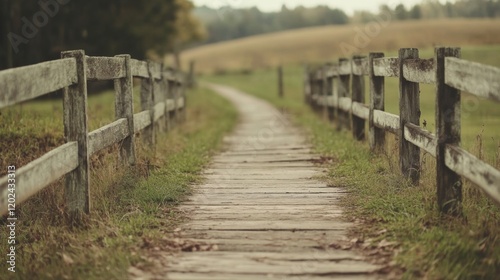 Obraz na płótnie Rustic wooden path flanked by weathered fences leading through a tranquil, grassy field. w salonie