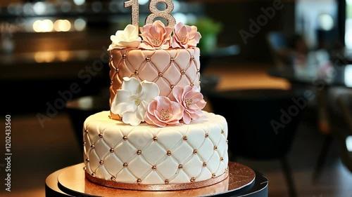 Elegant two-tiered cake with floral decorations celebrates an 18th birthday in a stylish venue