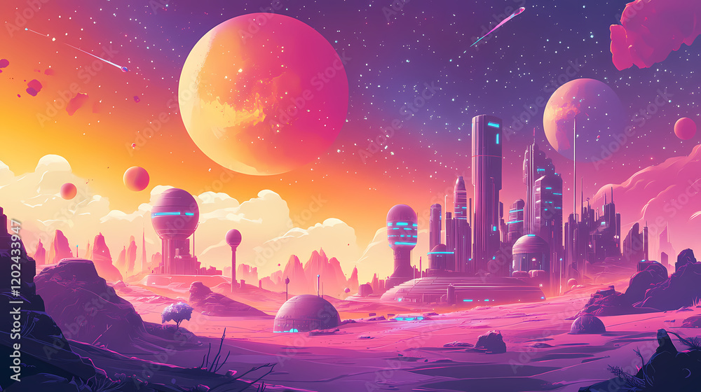 Panoramic view of a futuristic space colony on a distant planet. Futuristic Space Colony. Illustration Panoramic view of a futuristic space colony on a distant planet. Futuristic Space Colony. Illustration