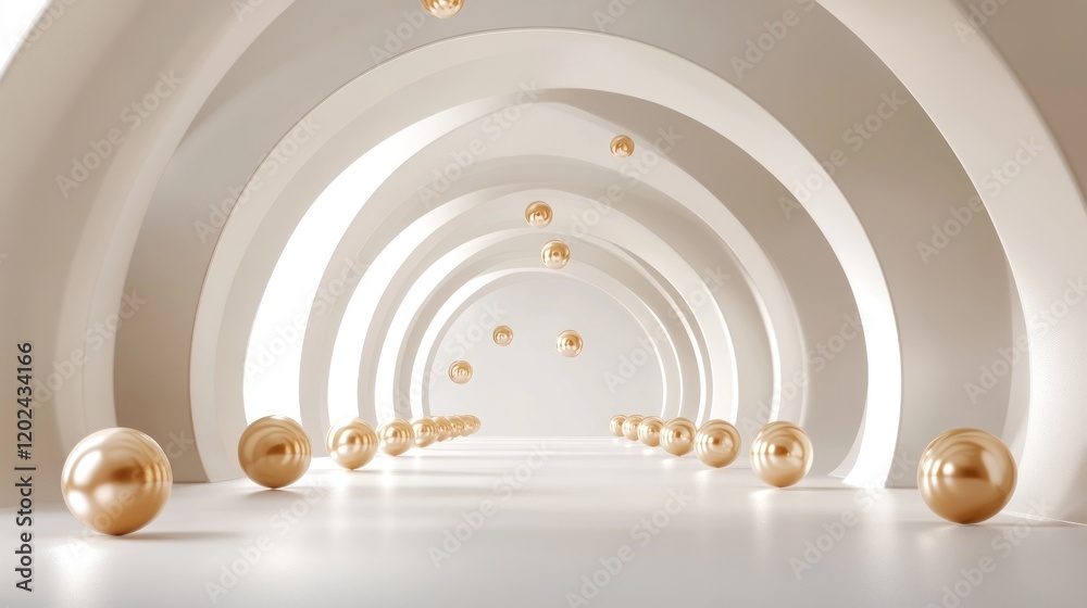 Fototapeta premium Abstract hallway with golden spheres.