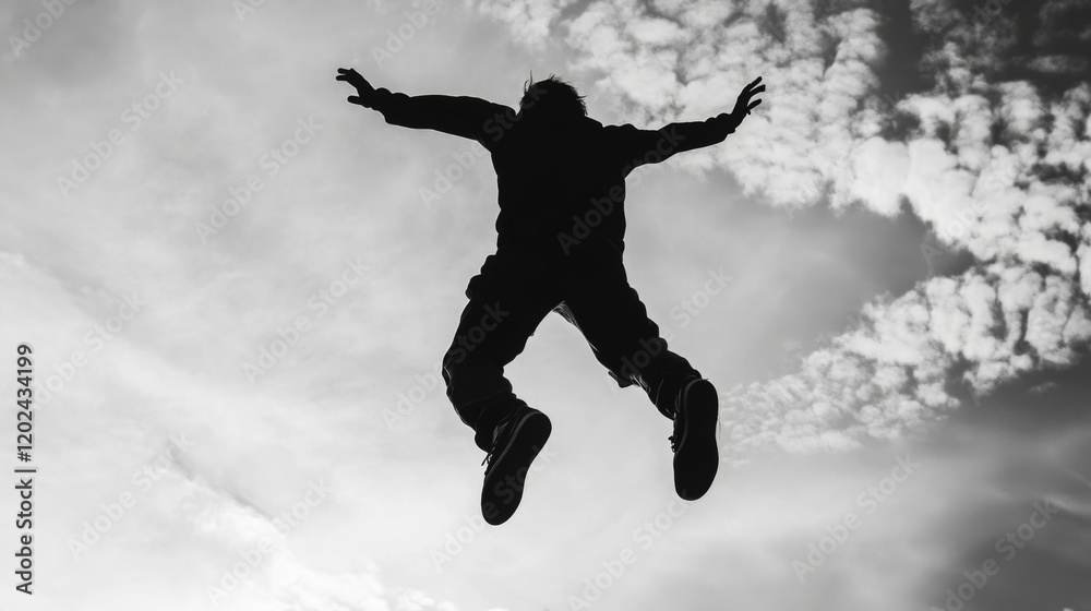 Silhouette of a person jumping against a cloudy sky. Silhouette of a person jumping against a cloudy sky.