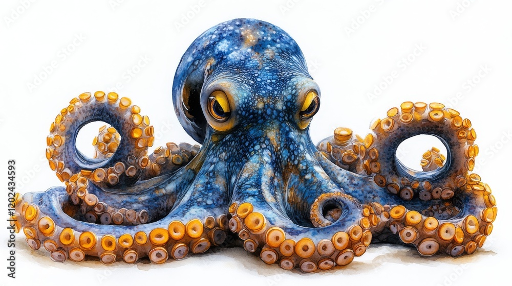 Obraz premium Watercolor illustration of a blue octopus on a white background