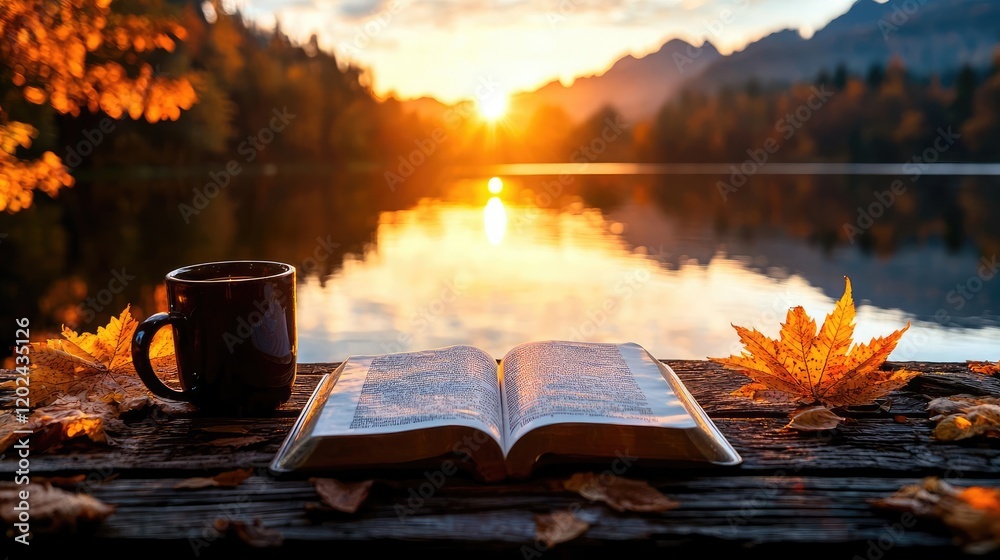 custom made wallpaper toronto digitalAutumn sunrise lake, open bible, coffee, peaceful scene, meditation