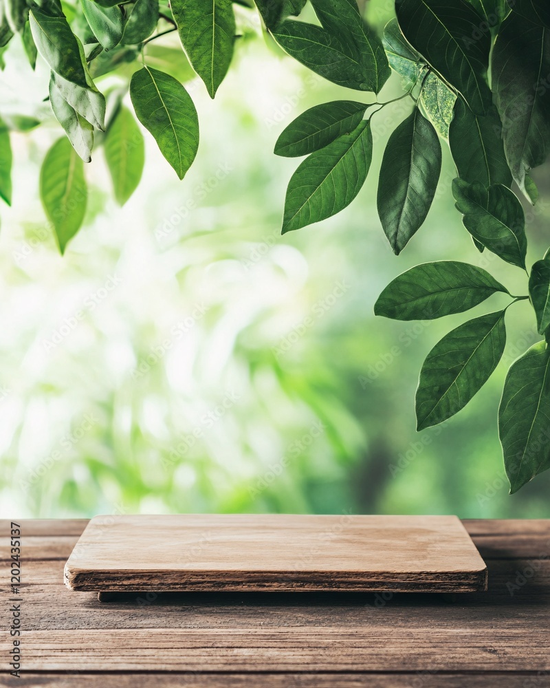 Wooden Tabletop Surrounded by Green Leaves Wooden Tabletop Surrounded by Green Leaves