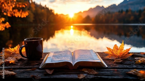 Autumn sunrise lake, open bible, coffee, peaceful scene, meditation