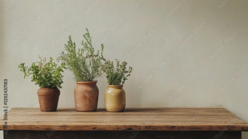 Three small potted plants on rustic wooden table against white wall. Three small potted plants on rustic wooden table against white wall.