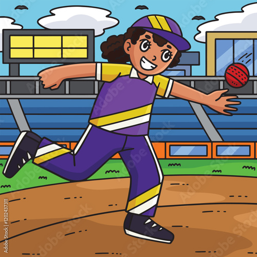 Cricket Female Fielder Catching the Ball Colored 