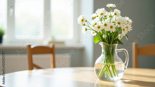 A Glass Pitcher with White Flowers