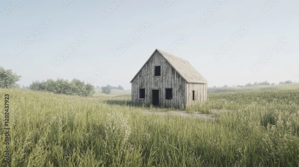 Weathered wooden farmhouse sits in tall grass field under a clear sky. Weathered wooden farmhouse sits in tall grass field under a clear sky.